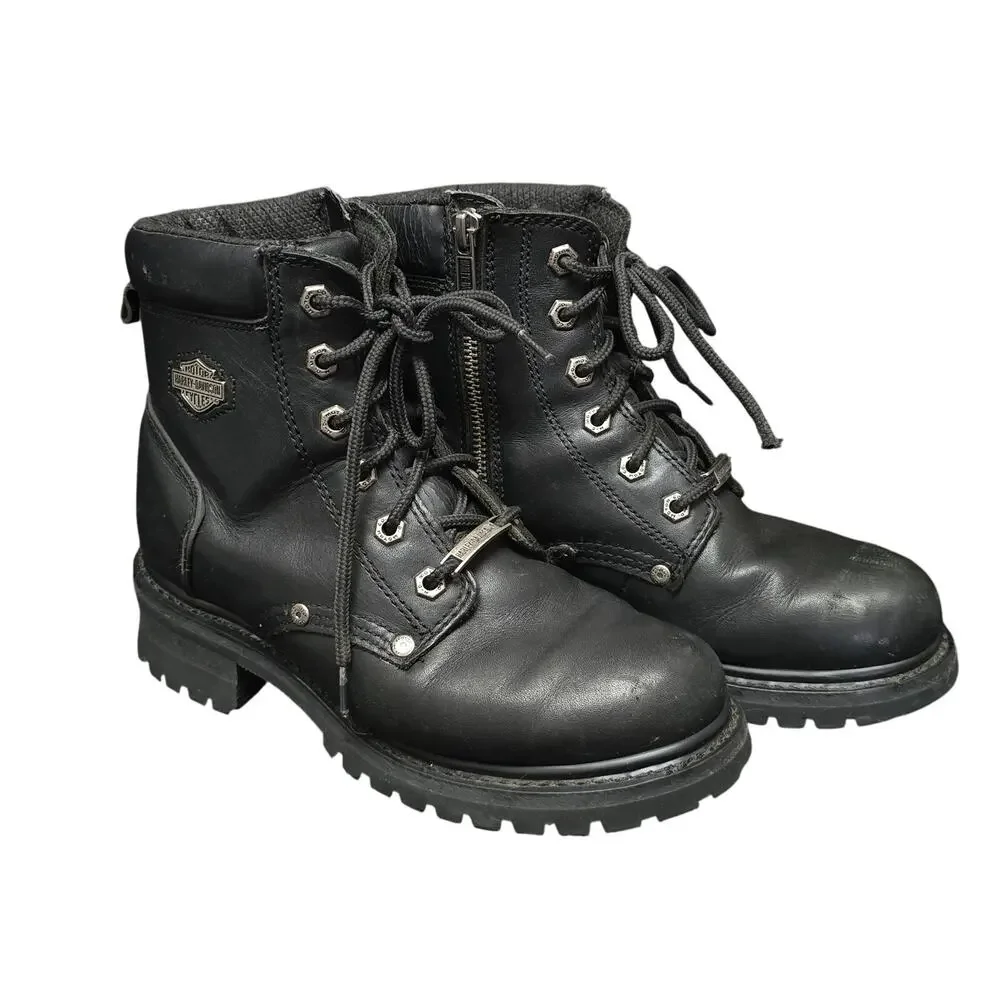 Harley Davidson Black Leather Steel Toe Boots Side Zip